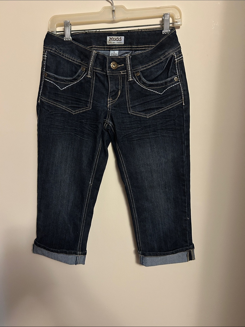Mudd dark blue cropped capri jeans contrast stitching low rise like new size 5